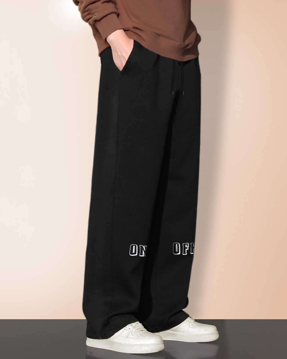 Men ON OFF Printed Loose Fit Trackpant Black