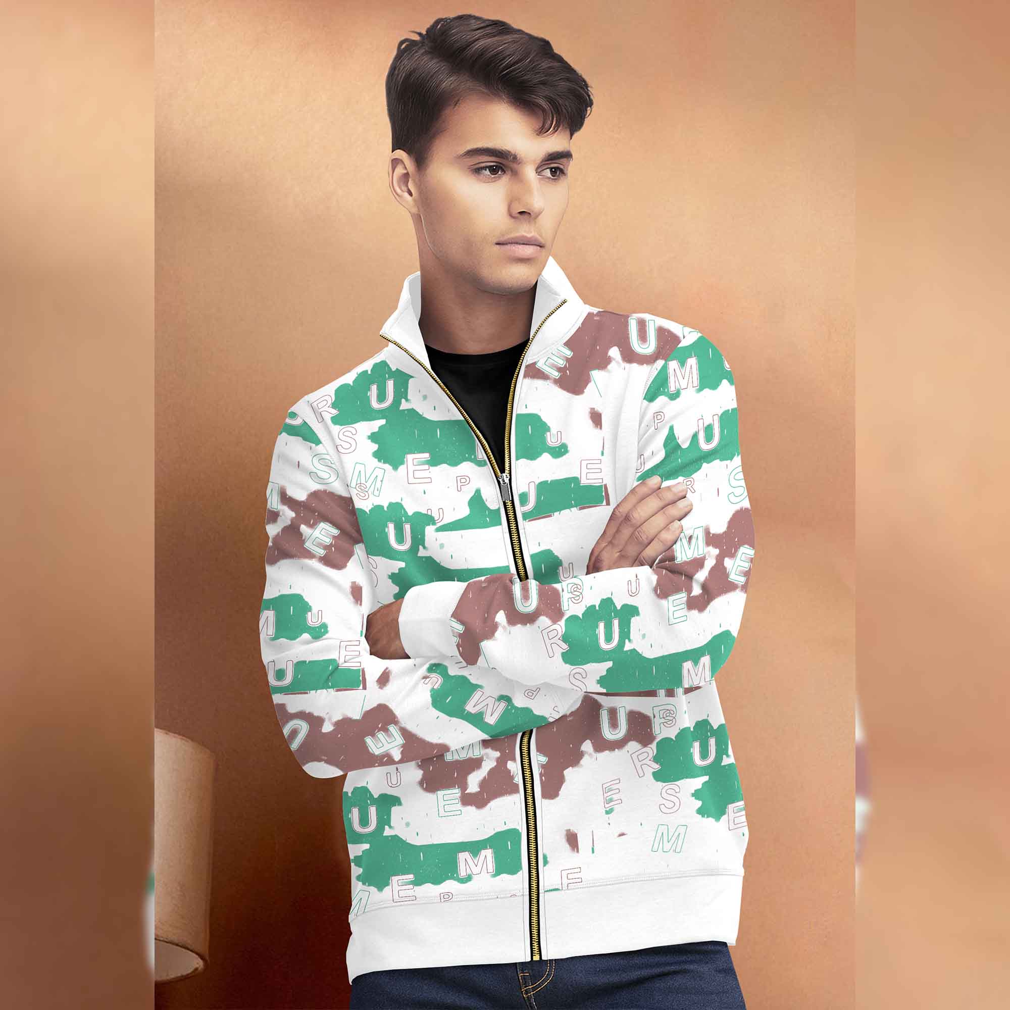 White High Neck Printed Casual Jacket