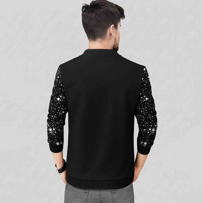 Men Star Printed Black Round Neck Jacket