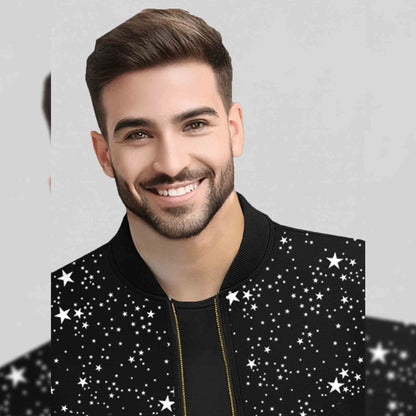 Men Star Printed Black Round Neck Jacket