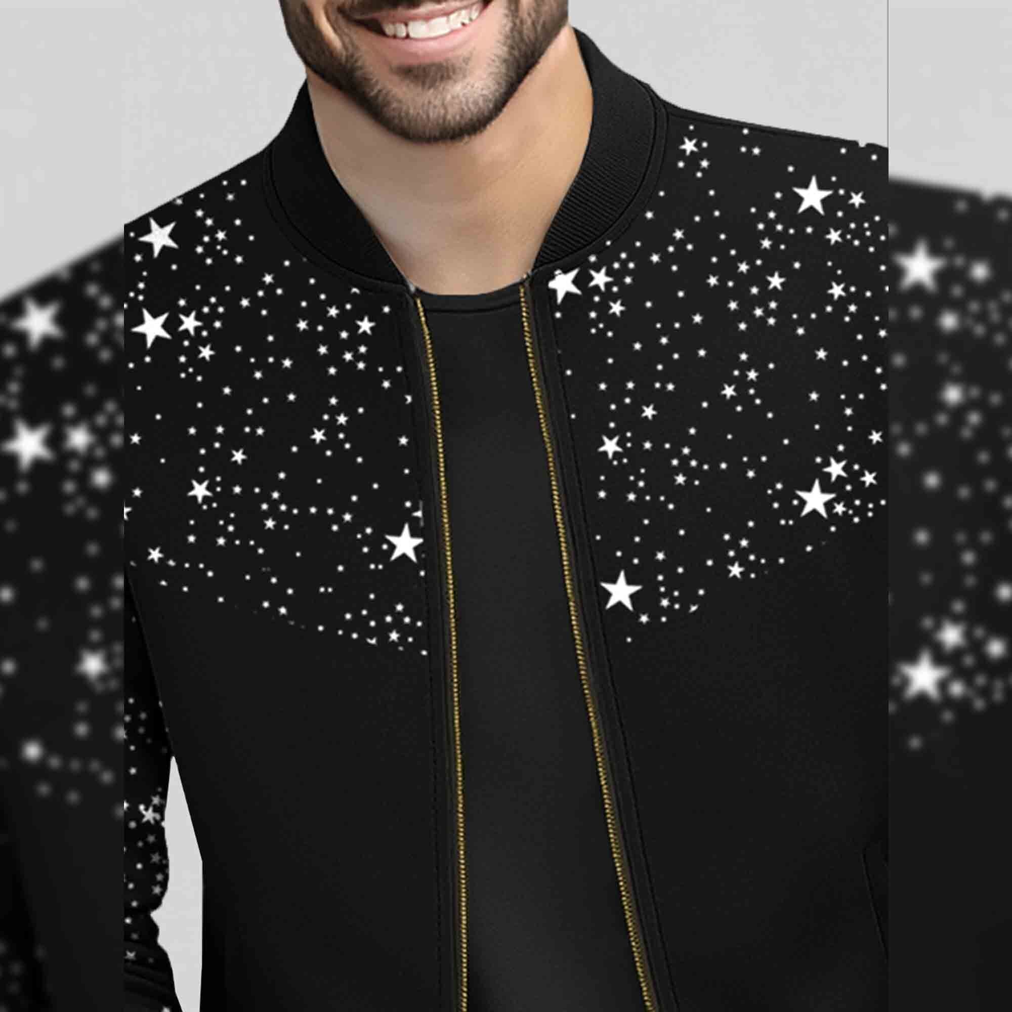 Men Star Printed Black Round Neck Jacket