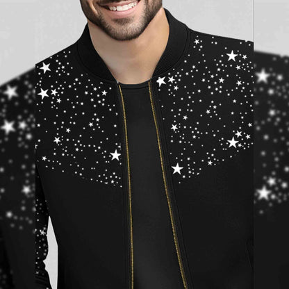 Men Star Printed Black Round Neck Jacket