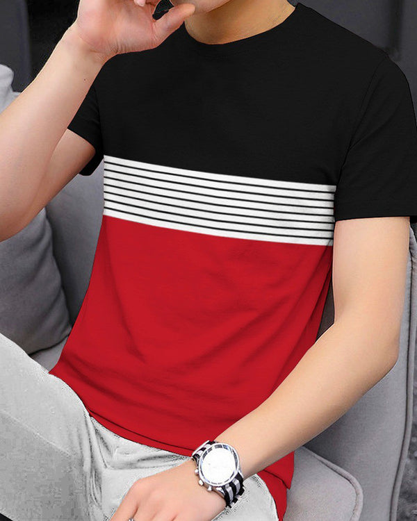 Men Half Sleeve Red Black Striped T-Shirt