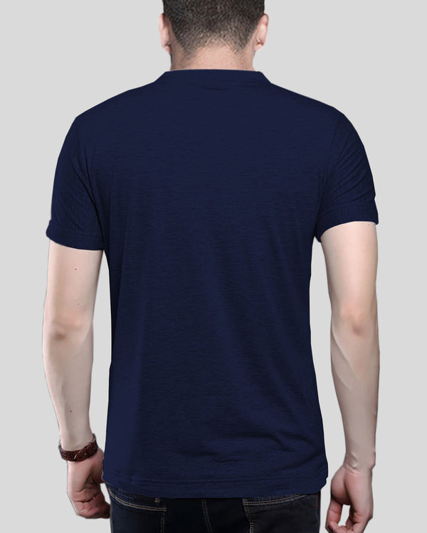 Men Navy Blue White Half Hand Round Neck Striped T-shirt