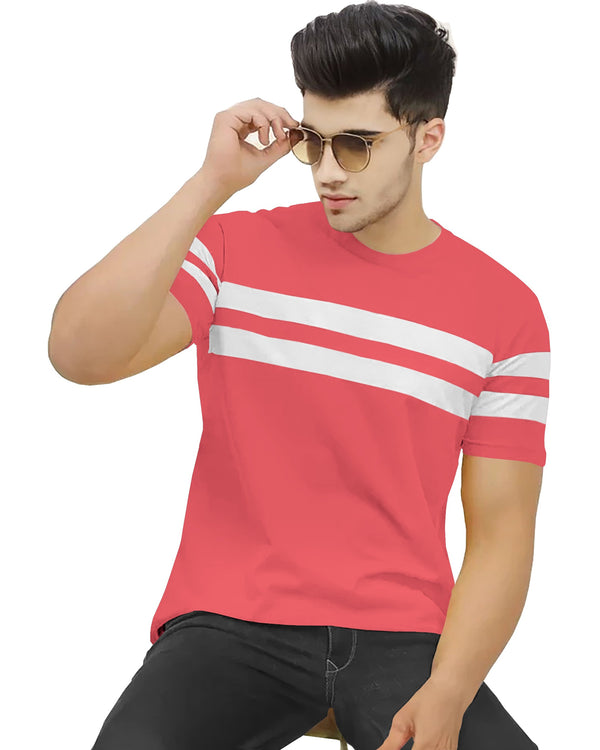 Pink White Horizontal Striped Men Round Neck T-Shirt