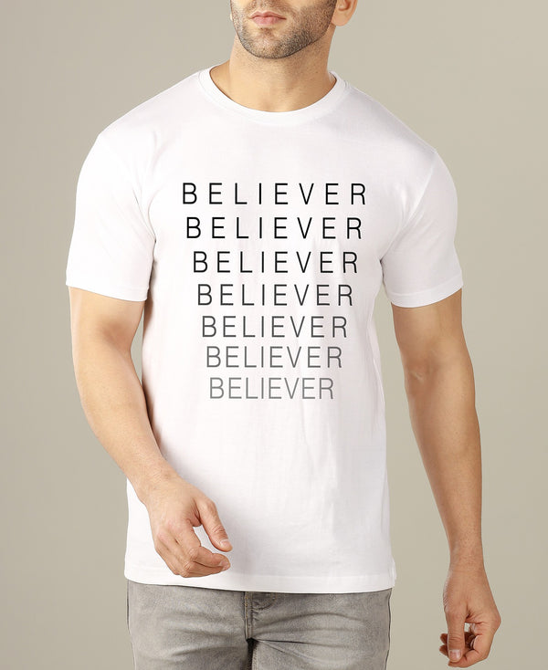 Half Sleeve White "Believe" Printed T-shirt