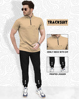 Men Tracksuit Set | Beige Zip Neck T-shirt | Black Trackpant