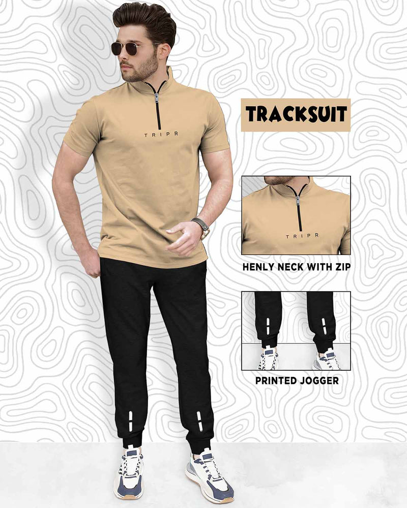 Men Tracksuit Set | Beige Zip Neck T-shirt | Black Trackpant