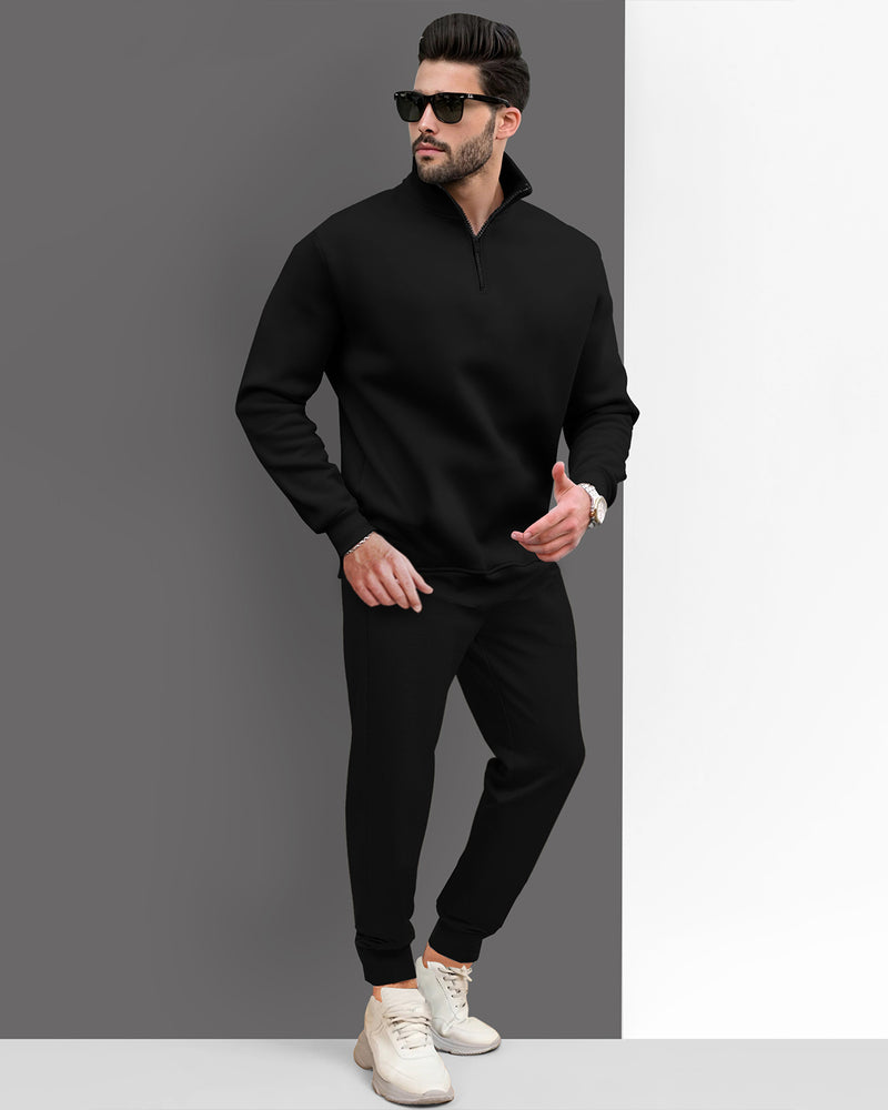 Tracksuit For Men High Neck Black Sweatshirt  / Black Plain Trackpant