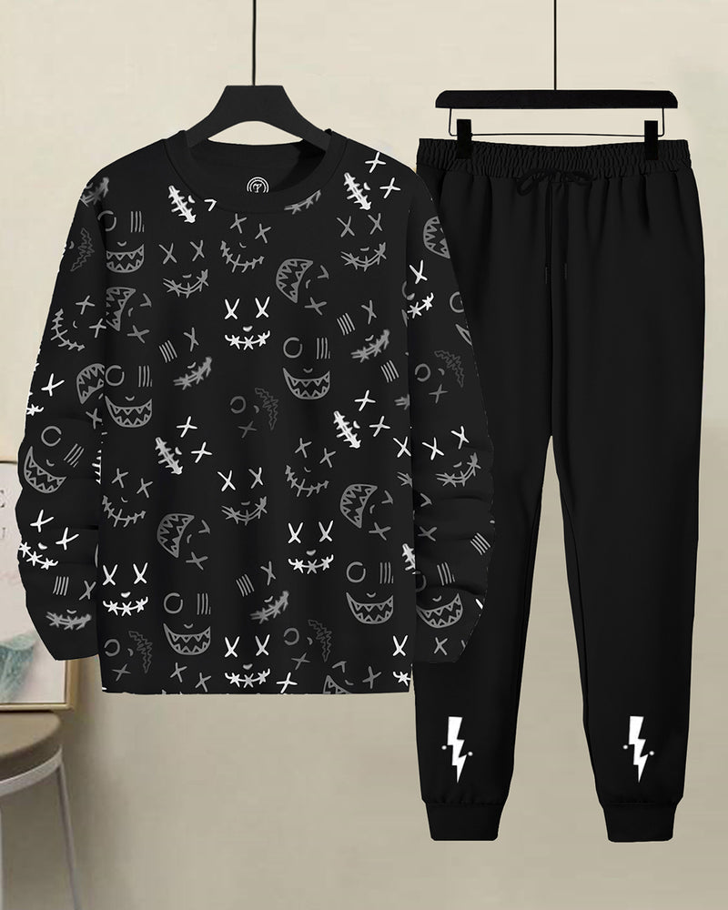 Men Tracksuit Set | Black Printed Full Hand T-shirt | Black Trackpant