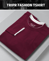 Men Solid Maroon White Piping Full Hand T-shirt