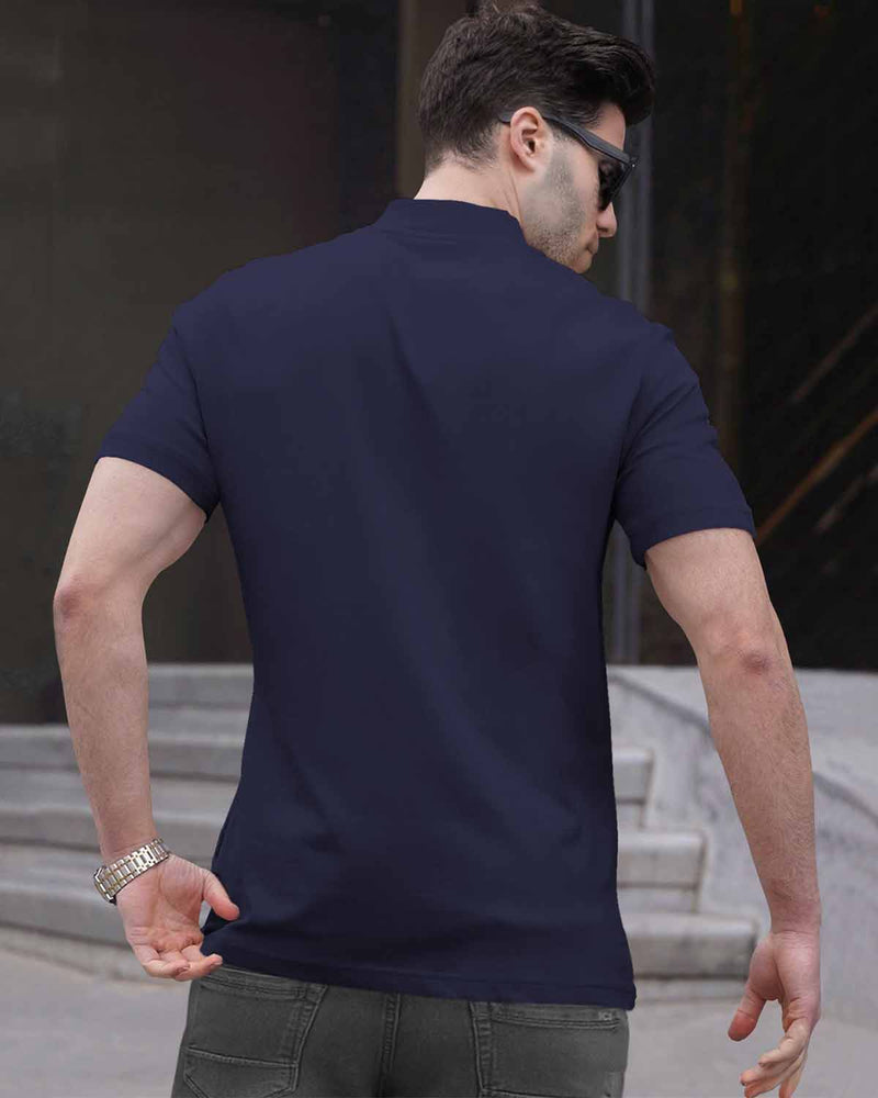 Men Tracksuit Set | Navy Blue Zip Neck T-shirt | Black Trackpant