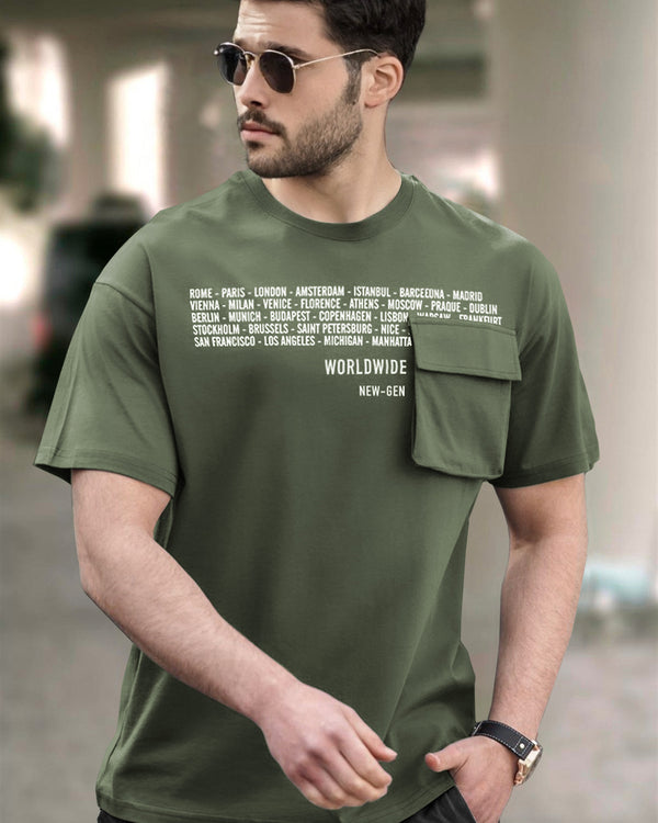 Men Olivegreen Round Neck Half Sleeve Flap Pocket T-shirt