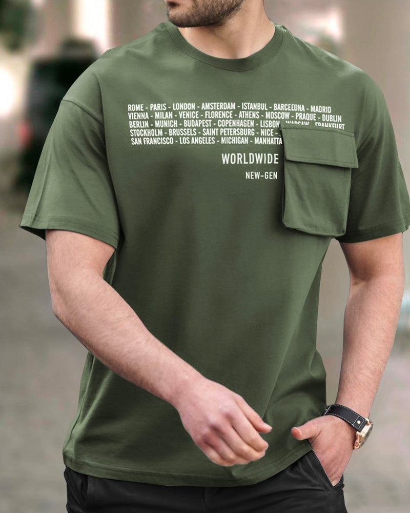 Men Olivegreen Round Neck Half Sleeve Flap Pocket T-shirt