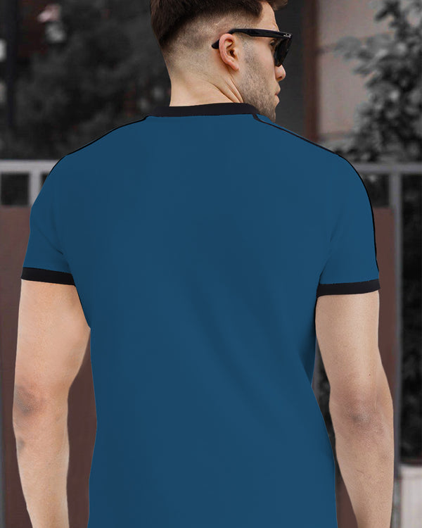 Men Dark Blue Zip-Neck Half Sleeve Black Piping T-shirt