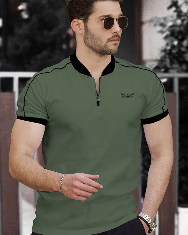 Men Olive Green Half Sleeve Zip Neck Black Piping T-shirt