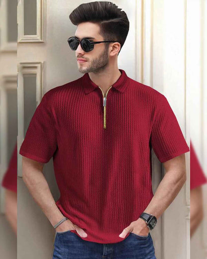 Mens Textured Half Sleeve Zipper Polo Fit Waffle Red T-shirt