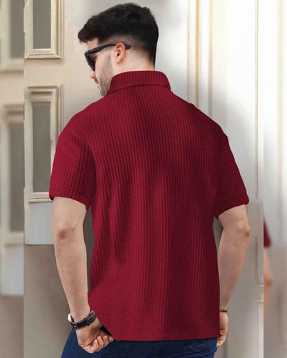 Mens Textured Half Sleeve Zipper Polo Fit Waffle Red T-shirt