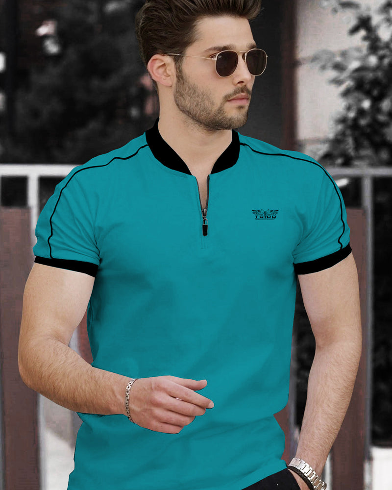 Men Royal Green Zip Neck Half Sleeve T-shirt