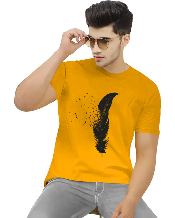 Men Feather Printed Half Sleeve Yellow T-shirt