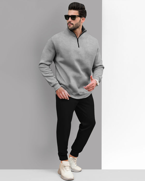 Tracksuit For Men High Neck Grey Sweatshirt  / Black Plain Trackpant