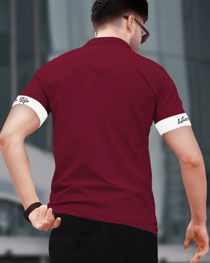 Men Polo Collar Maroon White Contrast T-shirt