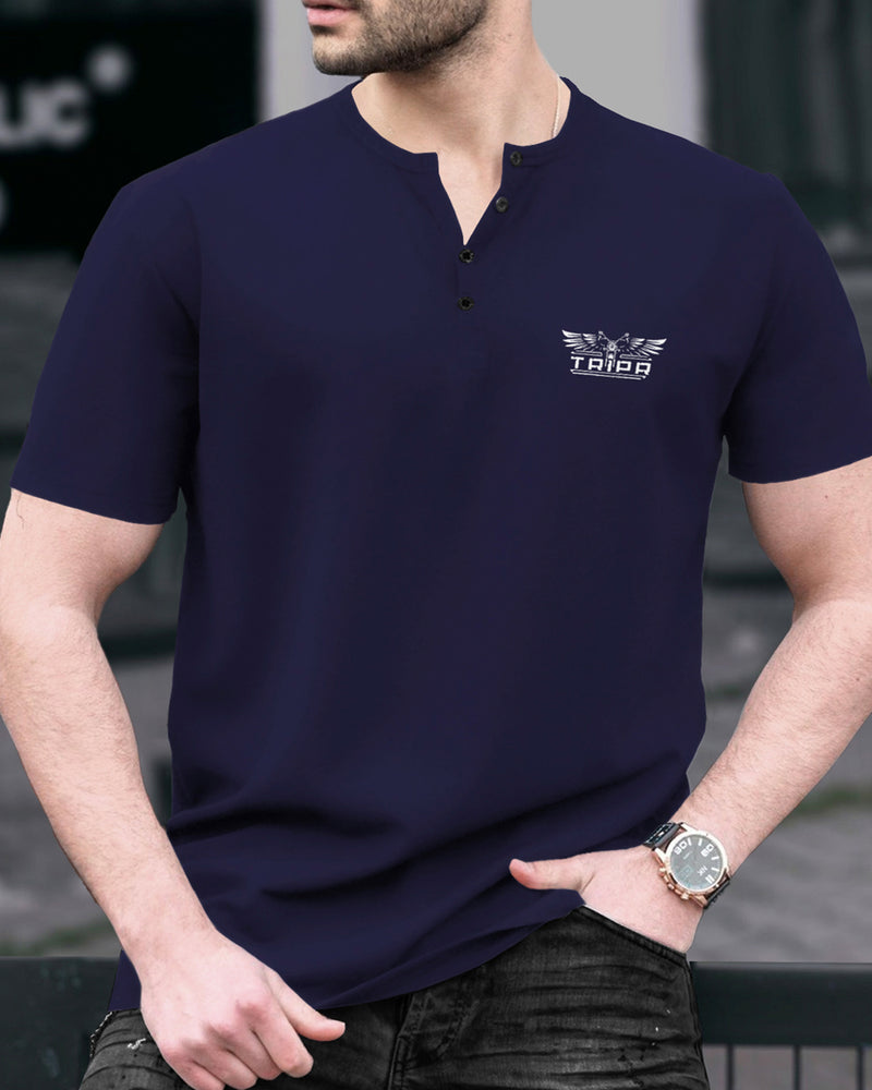 Men Navyblue V-neck Button Half Sleeve T-shirt