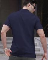 Men Plain Navy Blue Zipper High Neck Half Sleeve T-shirt