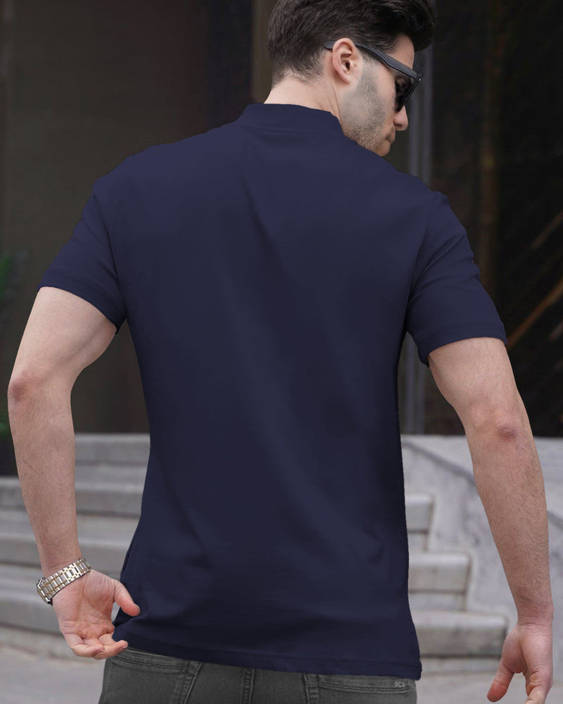 Men plain Navy Blue Zip High Collar Half Sleeve Round Neck T-shirt