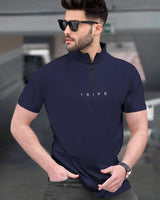 Men plain Navy Blue Zip High Collar Half Sleeve Round Neck T-shirt