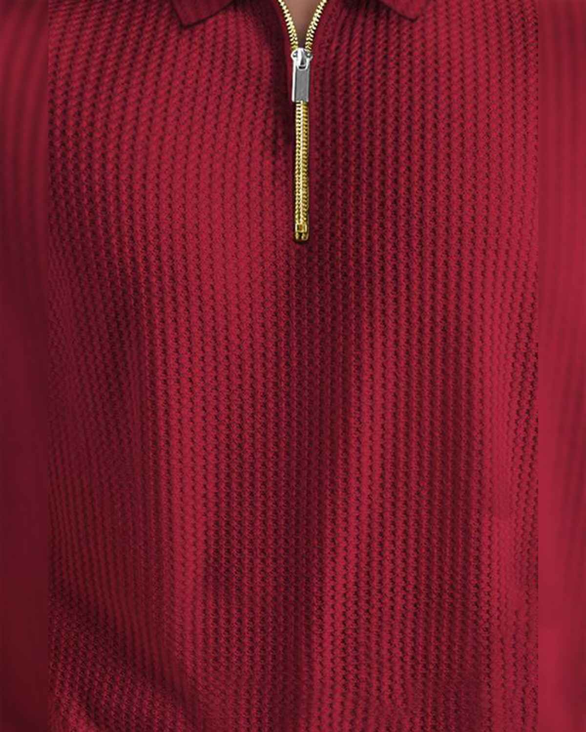 Mens Textured Half Sleeve Zipper Polo Fit Waffle Red T-shirt