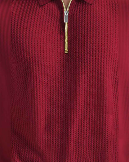 Mens Textured Half Sleeve Zipper Polo Fit Waffle Red T-shirt