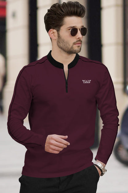 Men Full Sleeve Mandarin Collar Maroon T-Shirt