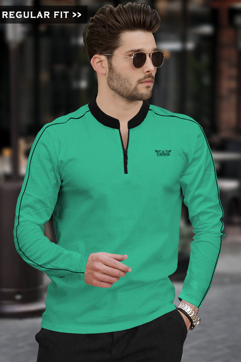 Men Mint Green Mandarin Collar Full Sleeve T-Shirt