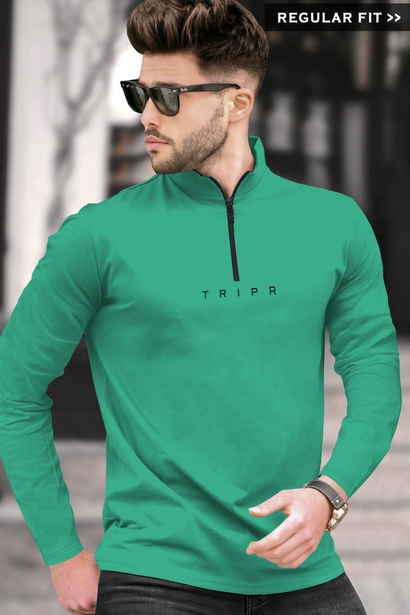 Men Solid Zip Neck Mint Green T-Shirt