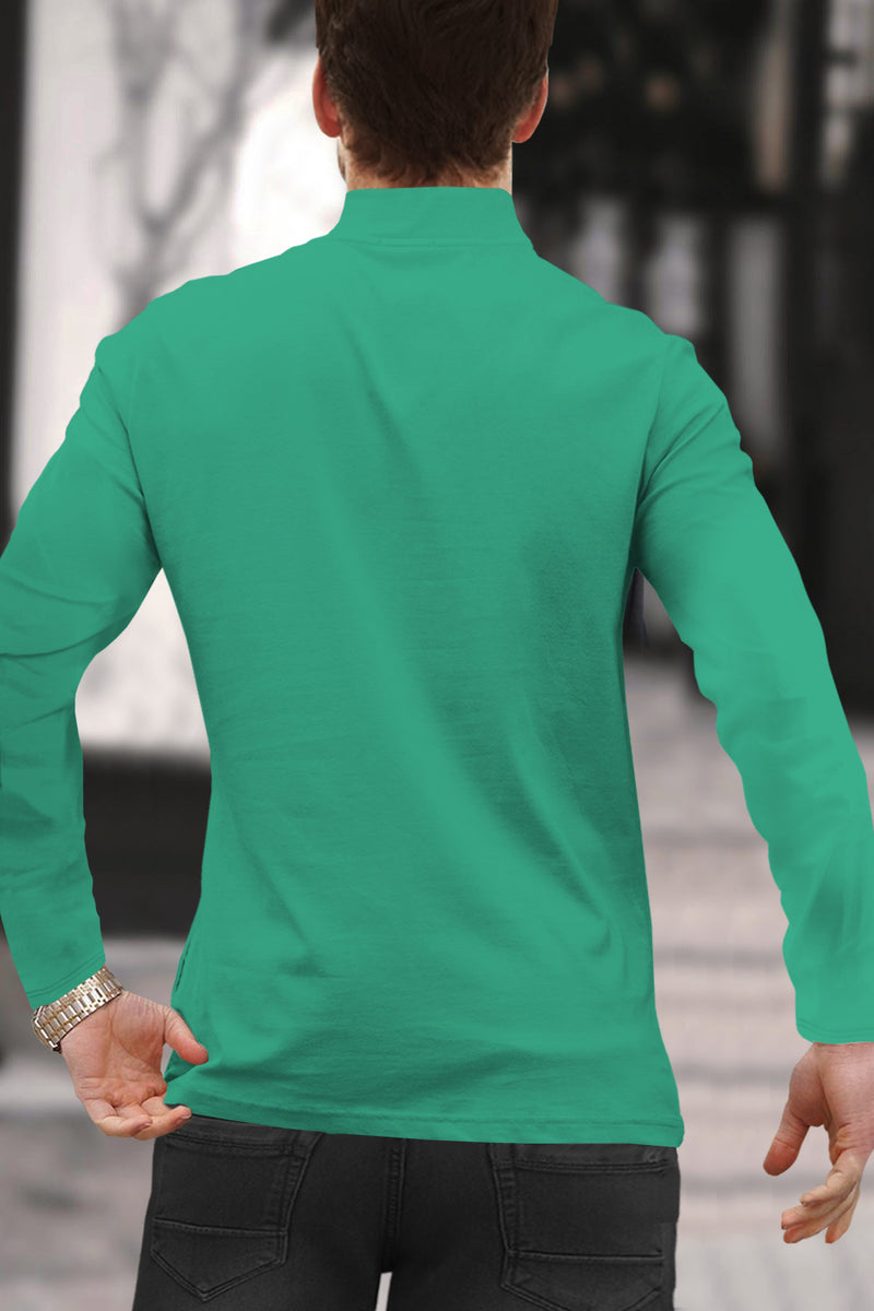 Men Solid Zip Neck Mint Green T-Shirt