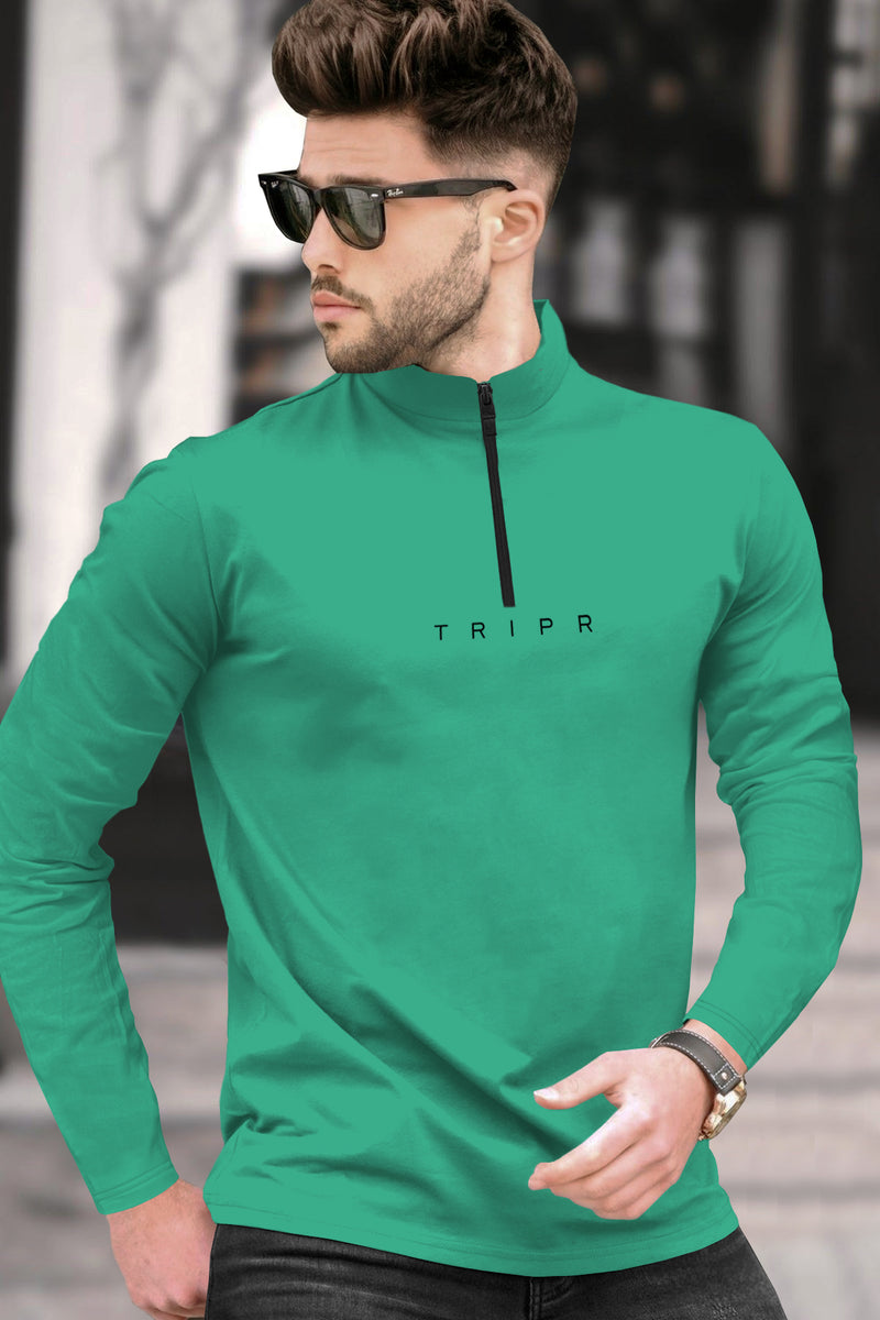 Men Solid Zip Neck Mint Green T-Shirt