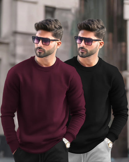 (Pack Of 2) Mens Round Neck Plain Winter Sweatshirts Maroon & Black