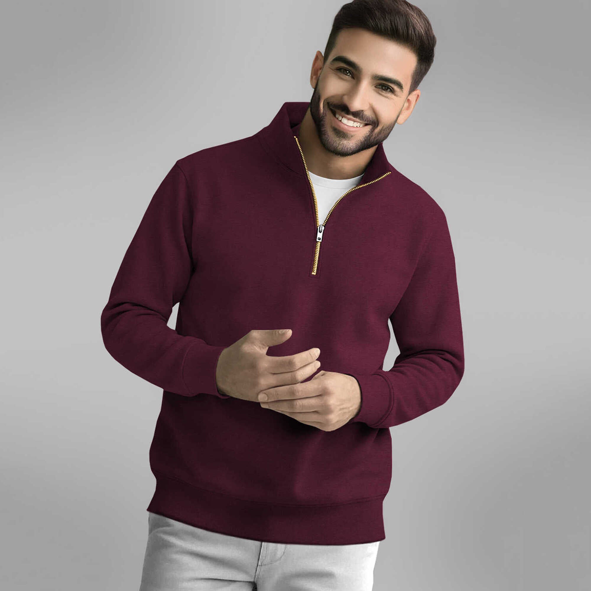 Men High Neck Quarter Zip Up Maroon Sweatshirt