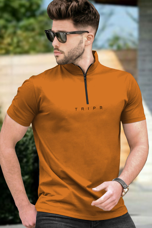 Men High neck Mustard Yellow Half Sleeve Zipper T-Shirt