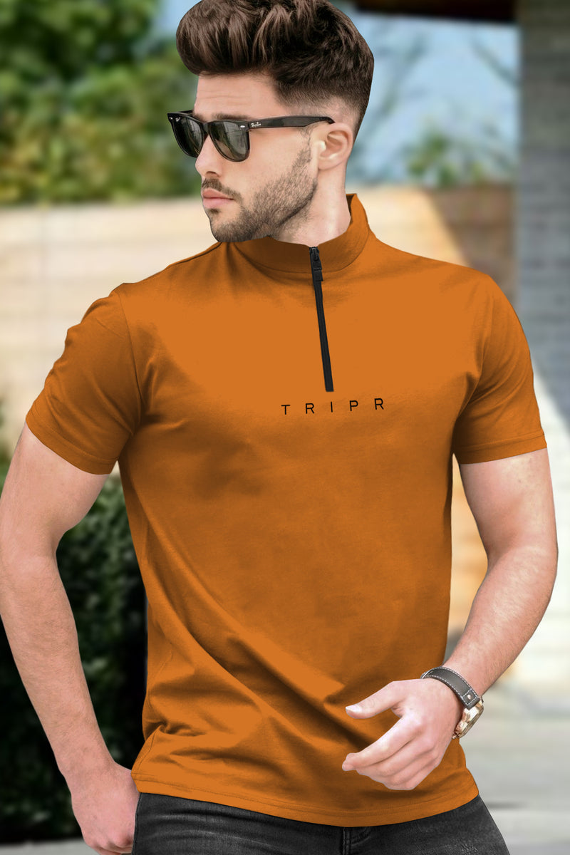 Men High neck Mustard Yellow Half Sleeve Zipper T-Shirt