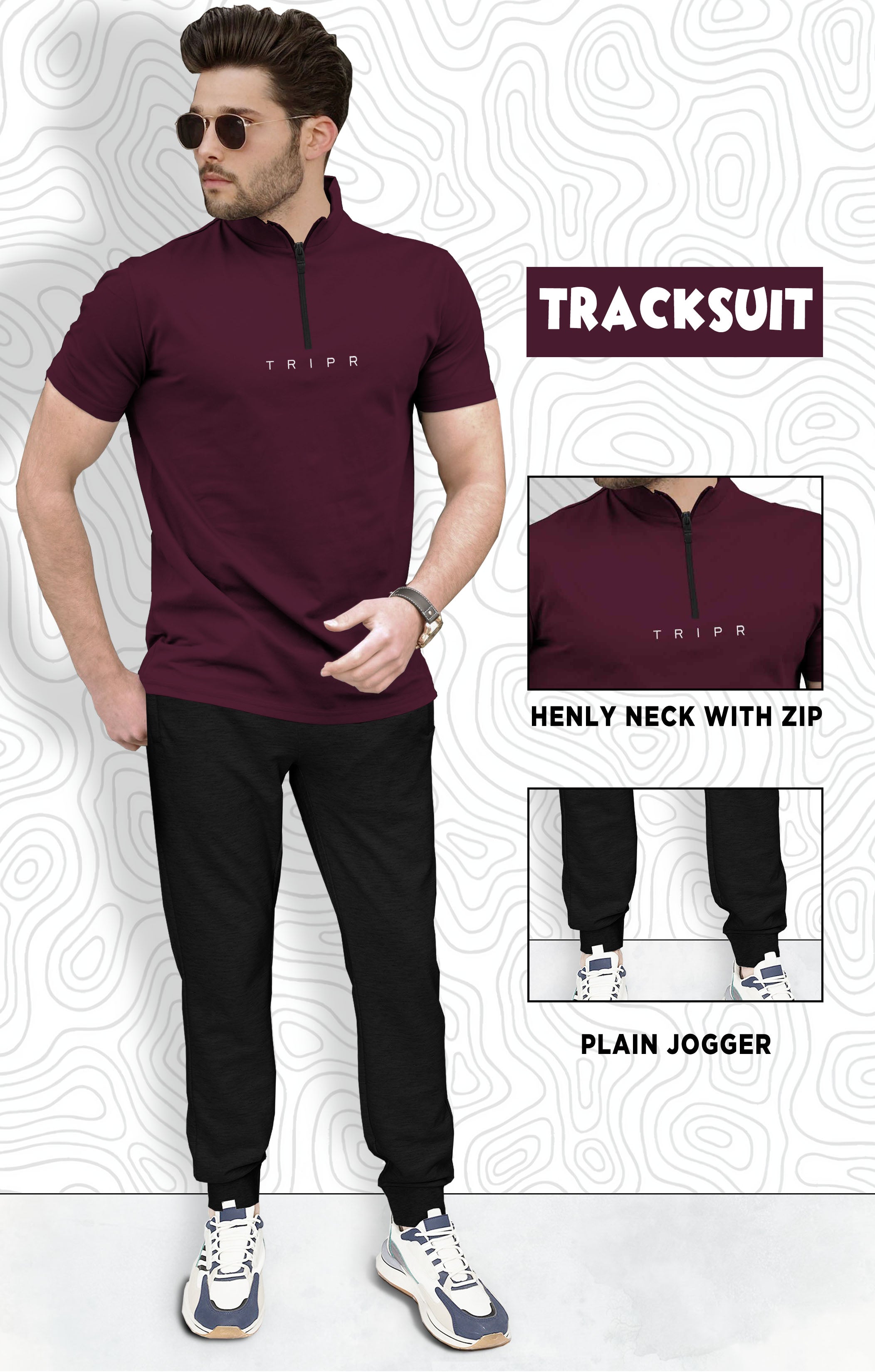 Mens tracksuit - High Neck MAROON Tshirt & BLACK Jogger Pant