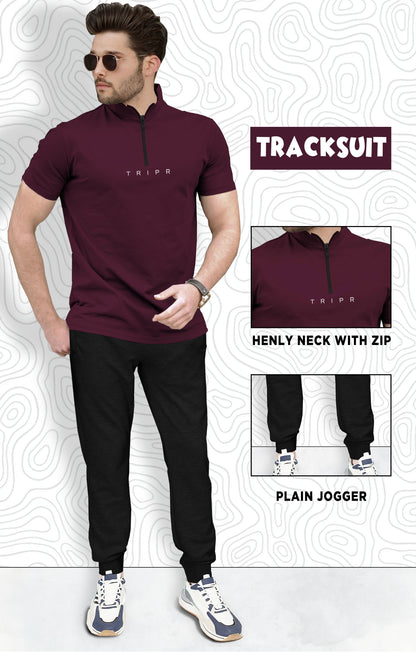 Mens tracksuit - High Neck MAROON Tshirt & BLACK Jogger Pant
