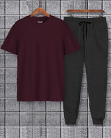 Mens Tracksuit - Half Sleeve Maroon t-shirt / Caharcoal Black Trackpant