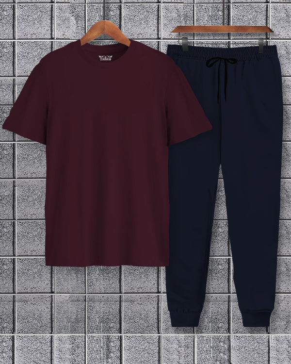 Mens Tracksuit - Half Sleeve Maroon t-shirt / Navy Blue Trackpant