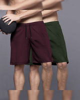(Pack Of 2) Men Plain Waffle Shorts / Maroon & Olivegreen