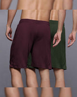 (Pack Of 2) Men Plain Waffle Shorts / Maroon & Olivegreen