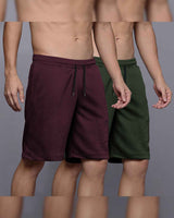 (Pack Of 2) Men Plain Waffle Shorts / Maroon & Olivegreen