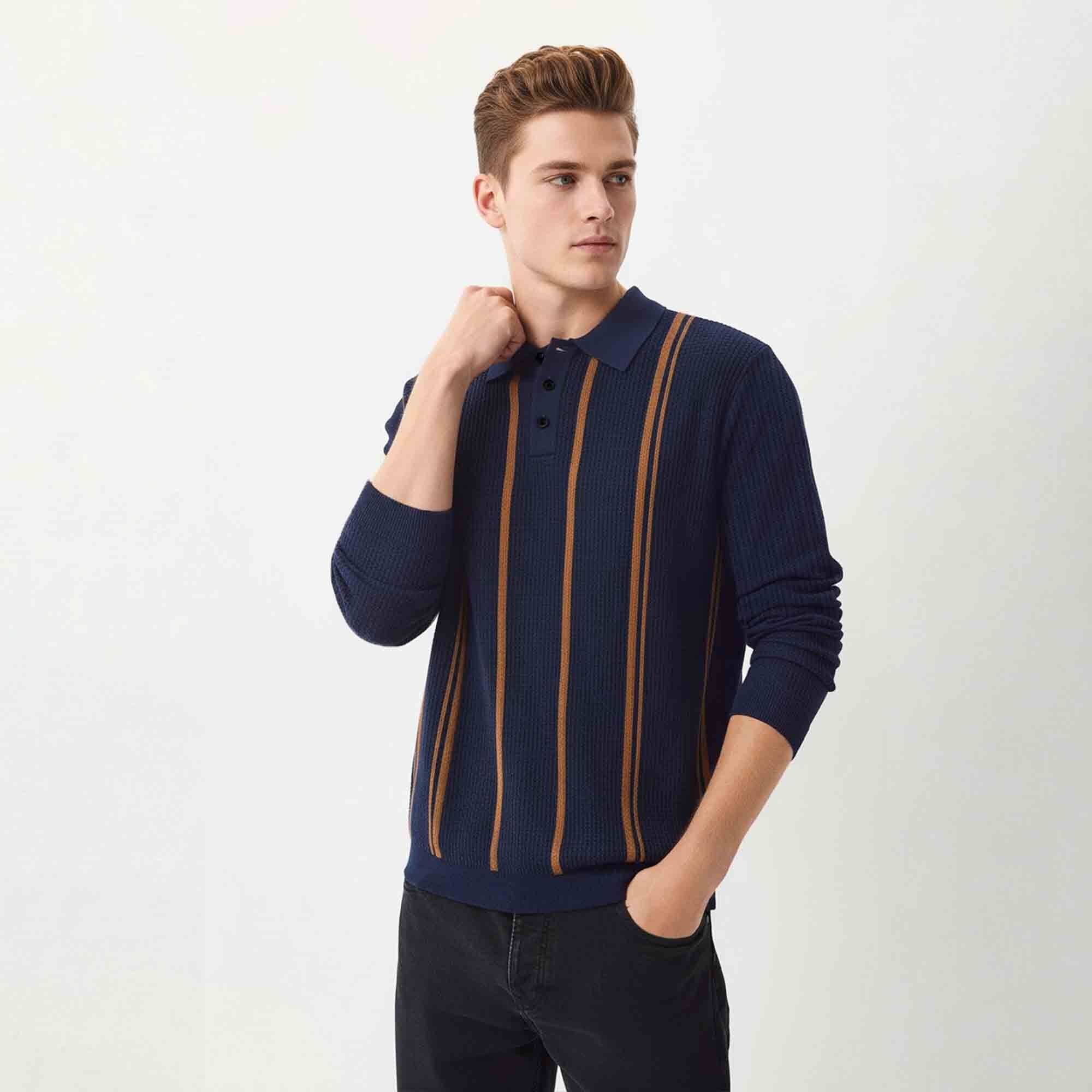 Men Polo Neck Striped Printed Full Sleeve T-shirt Navyblue