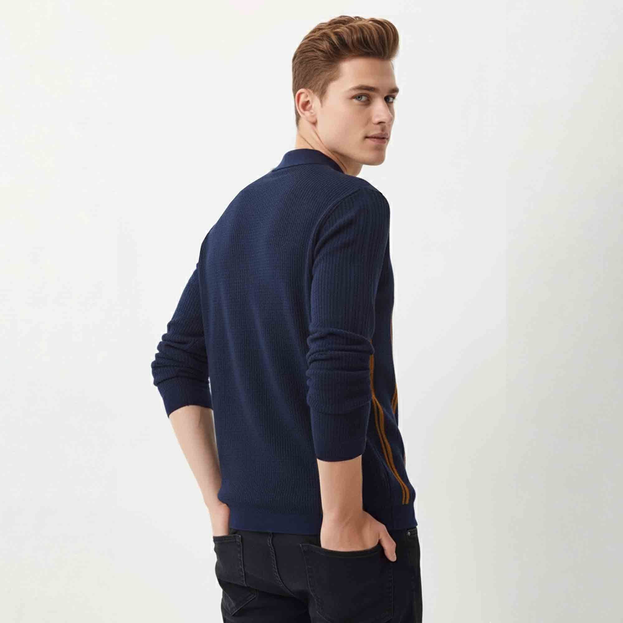 Men Polo Neck Striped Printed Full Sleeve T-shirt Navyblue